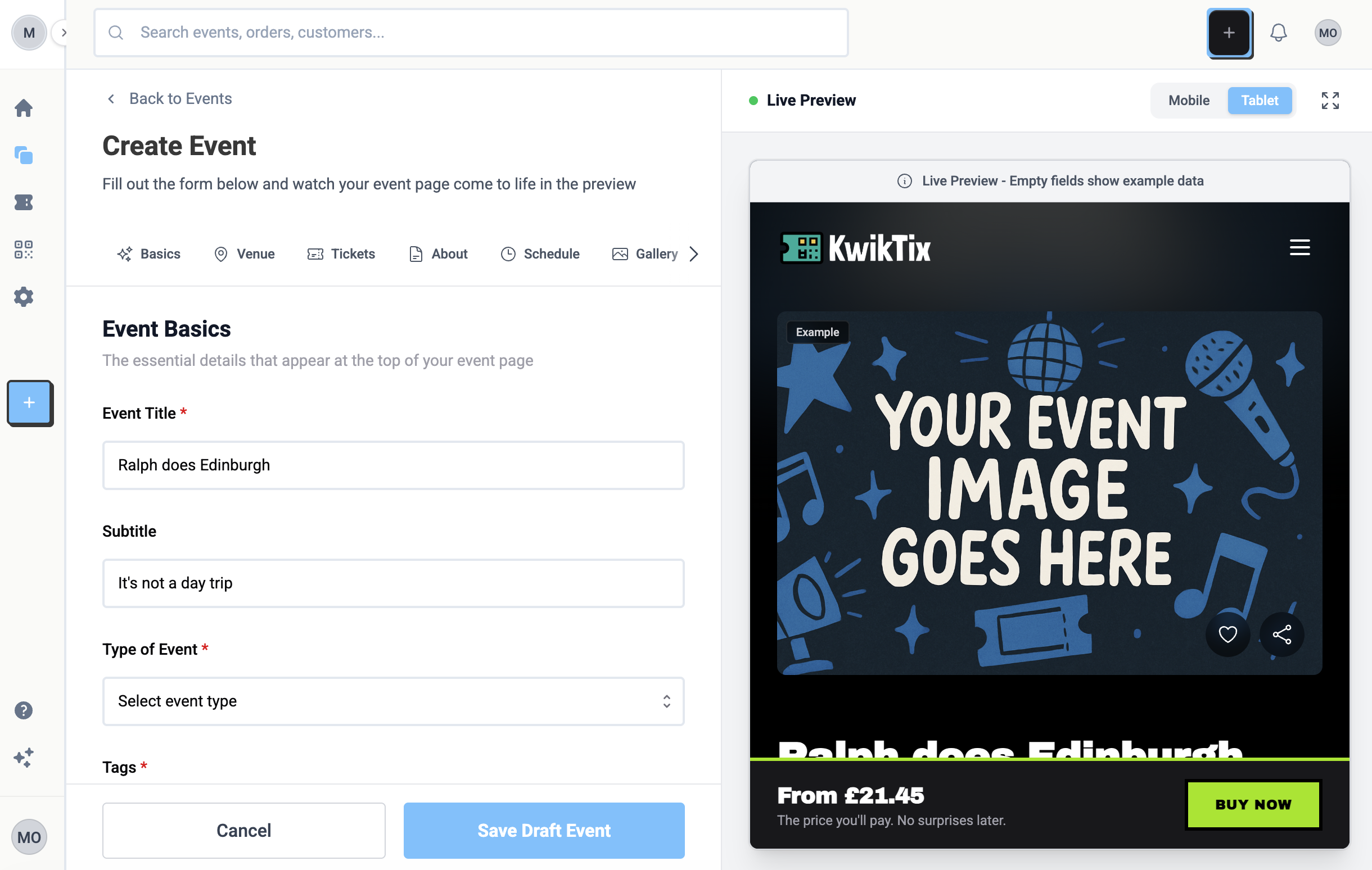KwikTix event creation interface
