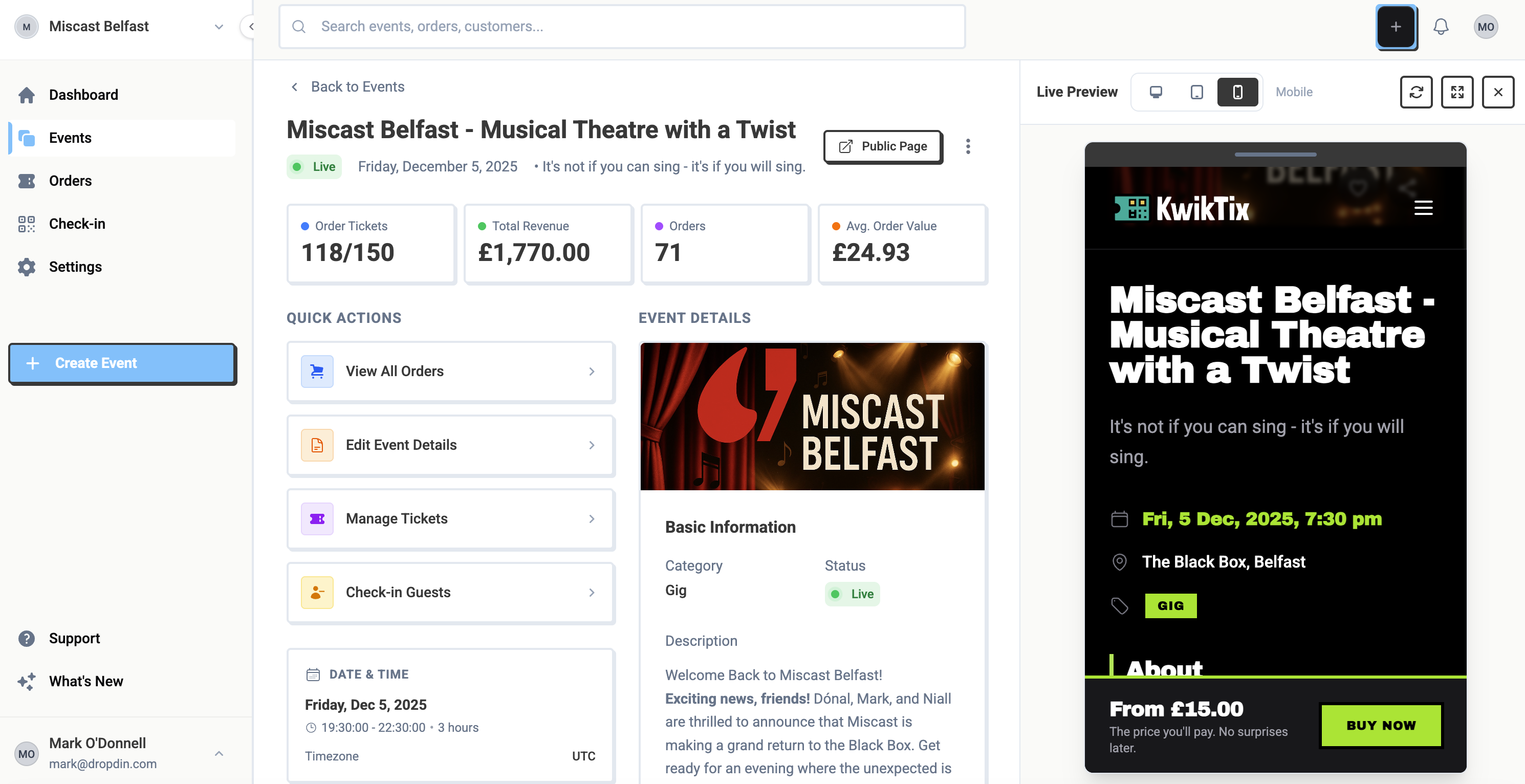 KwikTix dashboard showing event management