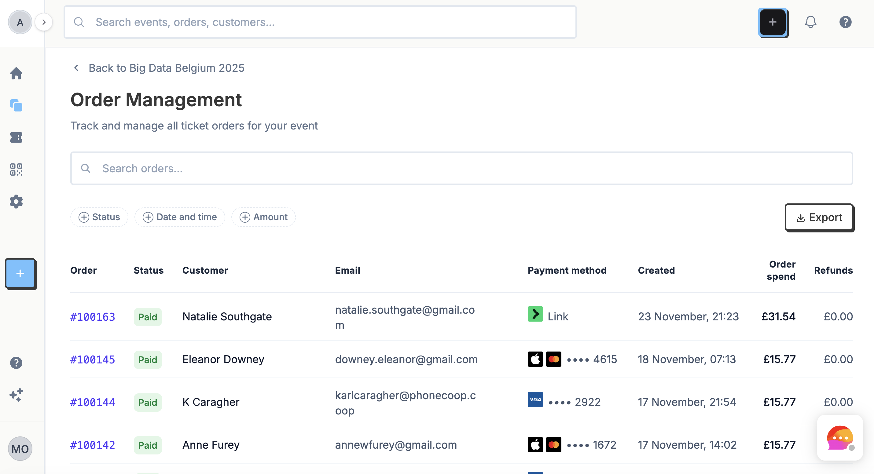 KwikTix order management dashboard showing customer orders, payment methods, and revenue tracking